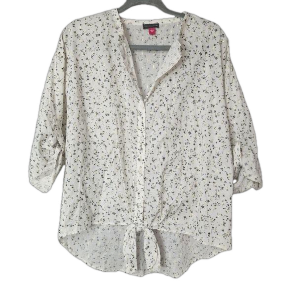 NWT Vince Camuto Floral Print 3/4 Roll Tab Sleeve Tied Button Front Blouse Sm